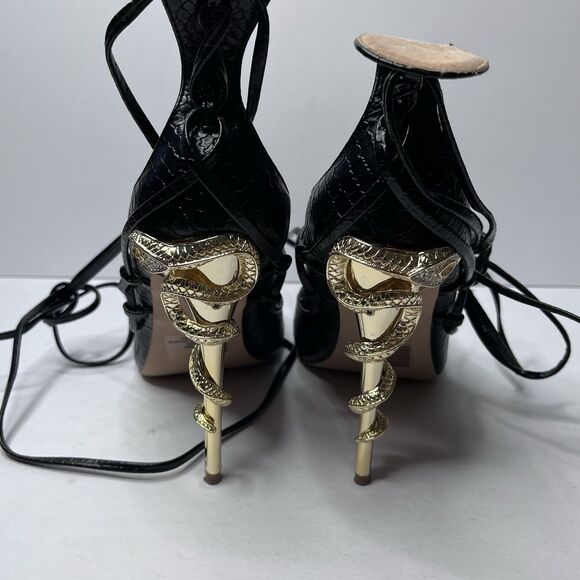 Shoedazzle BEANEE Black Faux Snake Skin Gold Snake Heels Women’s Size 12 FLAW - Picture 8 of 14